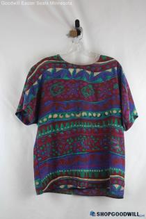 Caviar Women's VTG Maroon/Blue Geo Pattern T-shirt - Size L