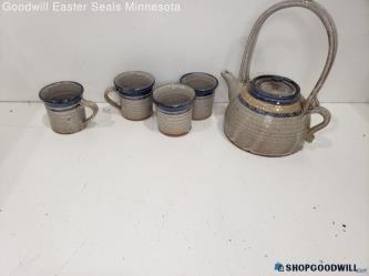 Hand Thrown Pottery Tea Pot And Cup Gray/Blue