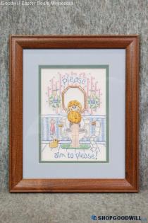 "Aim to Please" Bathroom Cleanliness Boy Framed Crewel Art Decor Crewel Framed