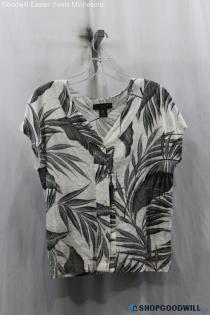 Tahari Womens White/Dark Gray Leaf Pattern Shirt Sz S