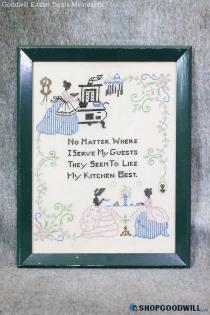 "No Matter Where" Kitchen Tea Domestic Scene VTG Crewel Cross Stitch Framed Art