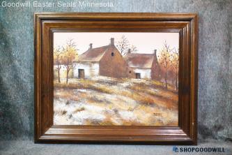 Autumn Cottage Landscape Brent Signed Framed Nature Still Life Painting No Glass