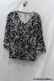 NWT Chico's Women's Black/Beige Floral Patterned 3/4 Sleeve T-shirt - Size S/4