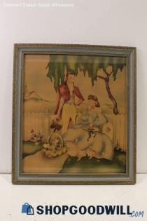 Vtg Victorian Watercolor Illustration Print Afternoon Picnic by Unknown Artist