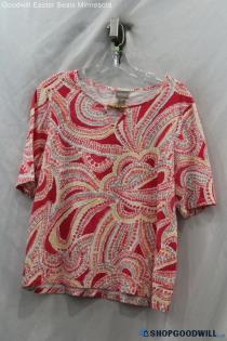 Chico's Women's Pink/Multicolored Patterned Beaded Detail T-shirt - Size L