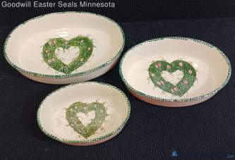 Country White/Green Ceramic Stacking Oval Serving Dishes w/Floral Heart Design