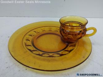 9pc Unbranded Indiana Glass Amber Snack Set Thumbprint Theme