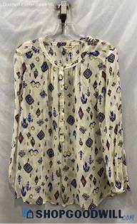 Lucky Brand Women's Tan/Multicolored Patterned Sheer Button Blouse - Size L