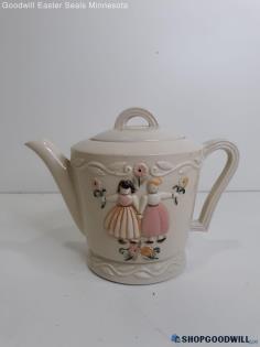 Porcelier Vintage Vitreous Hand Dec. Girls With Flowers Porcelain Teapot W/ Lid