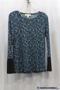 Michael Kors Women's Blue/Black Leaf Print Long Sleeve Blouse SZ XS