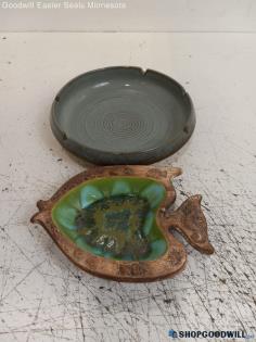 Vintage Ceramic 2pc Fished Shaped & Bowl Shaped Ash Tray