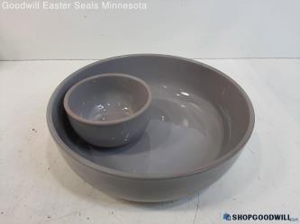 Over And Back Gray Ceramic Serving Bowl Chip And Dip Style 13" dia