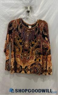 Chico's Women's Brown Multicolored Patterned Long Sleeve T-shirt - Sz PM