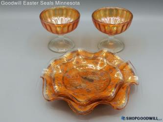 5pc Unbranded Art Glass Orange Gold Pheasant Bird Ruffle Bowl Iridescent Glasses