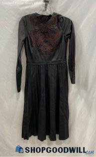 Zara Women's Black/Red Embroidered Faux Leather Long Sleeve Maxi Dress - Sz S