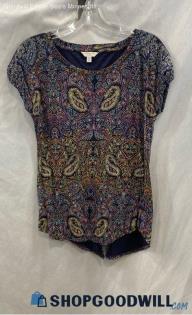 Lucky Brand Women's Multicolored Patterned Keyhole Open Cut Neck T-shirt - Sz XS