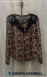 Miss Me Women's Red and Blue Floral Print Sheer Long Sleeve - Sz S