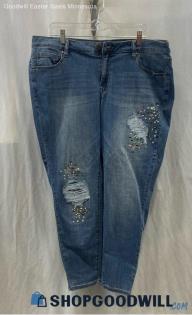 Lane Bryant Women's Blue Distressed Jeans W Rhinestone Detailing - Sz 20