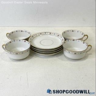 M. Redon Limoges Gold Trimmed Ceramic 8pc Tea Cups & Saucers