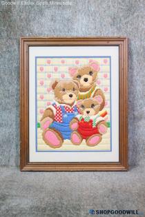 Leisure Arts Appears Vtg Three Teddy Bears Family Love Stitchery Crewel Framed