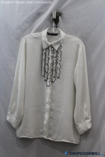 Zara Women's White/Black Pin Tuck Button Up Collared Long Sleeve Shirt sz S