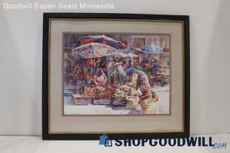 Rose Edin Signed "Village Market" Matted & Framed Watercolor Print 124/600