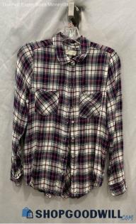 Lucky Brand Women's Magenta/ Navy Plaid Back Slit Button Up Flannel - Sz PS