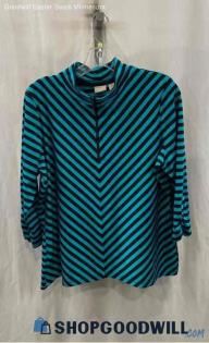 Chico's Women's Blue/Black Stripes Half Zip Sweater - Sz L