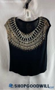 Lucky Brand Women's Black/Gray Gold Trim Geo Pattern Scoop Neck T-Shirt - Sz XS