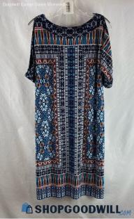 Chico's Women's Blue/Orange Geo Pattern Cold Shoulder T-Shirt Dress - Sz M