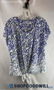 Chico's Women's Blue/White Geo Pattern Front Tie T-Shirt - Sz L