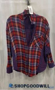 Free People Women's Red/Navy Plaid Gauze Button Up Shirt Sz XS