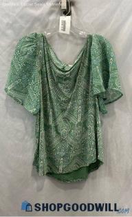 Lucky Brand Women's Green/White Patterned Back Keyhole Blouse - Sz L