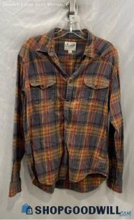 Lucky Brand Men's Brown/Orange Plaid Pattern Button Up Shirt - Sz M