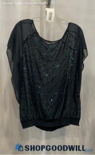 Lane Bryant Women's Black/Blue Sheer Sequin Fitted Waist Kaftan Blouse sz 16