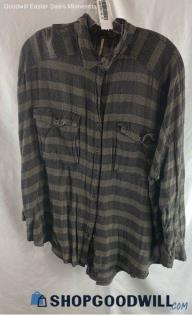 Free People Men's Gray Stripe Plaid Rayon Button Up - Sz M