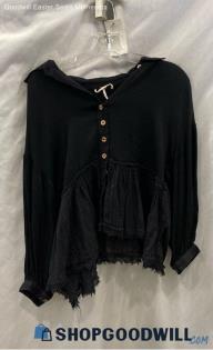 Free People Women's Black Ruffled Long Sleeve Shirt - Sz PS