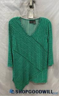 Chico's Women's Green/White Stripes Long Sleeve Sheer Blouse - Sz L