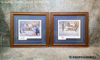 2 "Christmas Eve" & "Snowman" Gene Roncka Signed Winter House Print Framed PUO