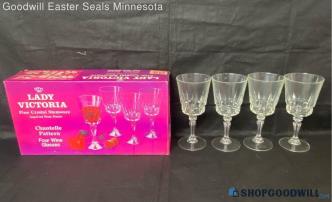 IOB 4pc Vintage Lady Victoria Chantelle Pattern Crystal Stemware Wine Glasses