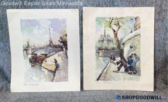 4 Seine River Eiffel Tower Notre Dame France Lucien Delarue 12"x14" Print Art