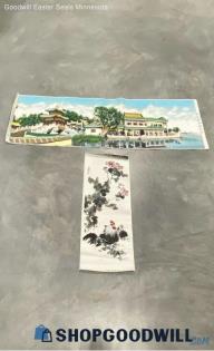 2 Chinese Summer Palace & Chickens Landscape Wildlife Fabric Art Prints Decor