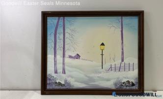 Purple Winter Cabin Landscape Scene Signed Jean Robinson 16x20" Framed Canvas