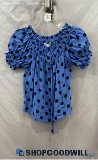 Zara Women's Blue/Black Polka Dot Print Puffy Shoulder Blouse - Sz S