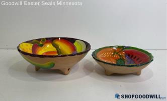 Appears Handmade Glazed Fruit Design 2pc Footed Bowls