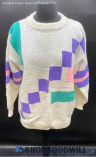 Women's LS White and Geometric Acrylic Sweater - Sz OS