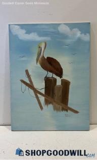 Jean Robinson Signed 18x24" Stretched Canvas Pelican Painting Unframed