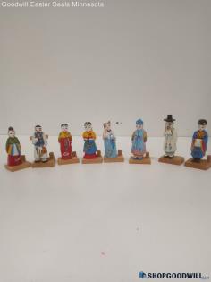 8pc Vintage Carved Wooden People In Traditional Dressed