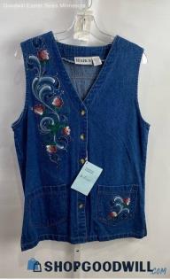 NWT Haik's Women's VTG Blue Medium Washed Button Up Floral Denim Vest - Sz M