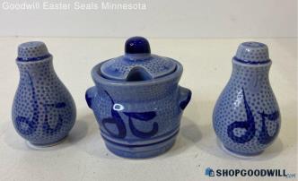 3pc Asian-Style Blue Ceramic Salt & Pepper Shakers & Jam Jar w/Lid Approx 3.5"